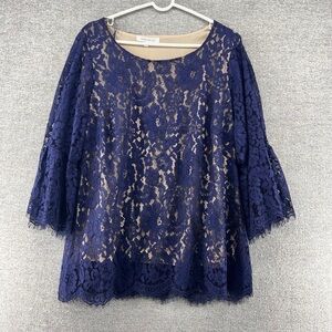 Rose and Oilve Lace Blouse Women 1X Plus‎ Navy Blue Lined